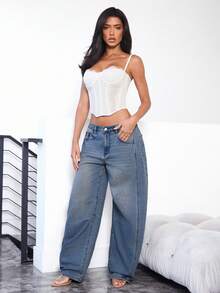 Denimoi Jeans anchos y sueltos con bolsillos, versátiles y casuales para mujer - Azul - Ver 3