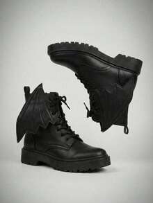 Botines de mujer con adornos de alas de suela baja - Negro - Ver 2