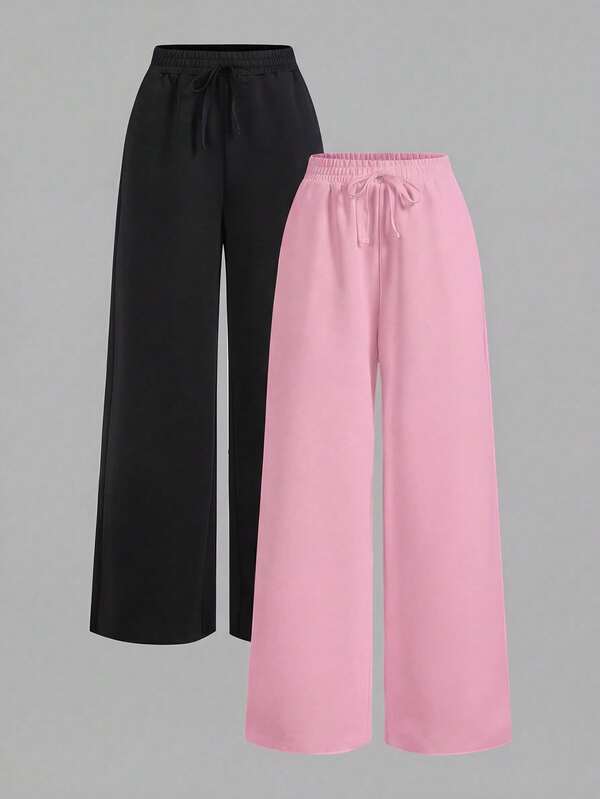 SHEIN EZwear زوج من البناطيل ذات الساق الواسعة باللونين الأسود والوردي مع ربطة الخصر لحجم كبير للنساء