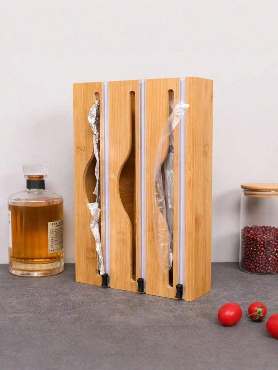 1 buah Pemotong Plastik Pembungkus Makanan Universal dari Bambu dan Kayu yang Dipasang di Dinding untuk Perlengkapan Dapur, Dispenser Plastik Pembungkus Makanan Dua Arah Multi-Kompartemen (Grosir) - Khaki - View 1
