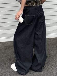 Dazy Tall 女士宽松喇叭牛仔裤，带口袋，休闲都市风 - 深色水洗藍 - 查看 7