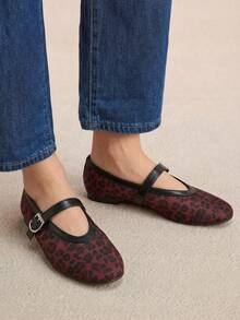 Rosivie Women's Casual Leopard Print Buckle Design Flat Loafers, Versatile For Daily Wear - Burgundy - View 11