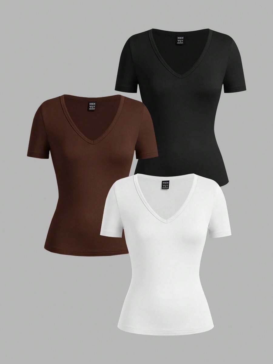 SHEIN EZwear 3件套女士深V领紧身休闲短袖基础款叠穿长袖T恤套装,适合春夏穿着 - 彩色 - 查看 1