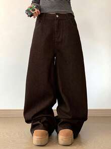 DAZY Quần jeans ống rộng dáng suông thời trang thường ngày cho nữ, thích hợp đi làm. - màu nâu - Xem 3