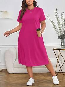 SHEIN Essnce Đầm hè dáng rộng, cổ tròn, tay ngắn, xẻ tà, kiểu dáng thường ngày. - Màu Hồng Tươi - Xem 7