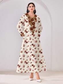 Al Najma 花卉图案长袖休闲端庄阿拉伯风格连衣裙 - 彩色 - 查看 4