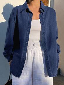 DAZY Áo khoác denim nữ dáng rộng, thoải mái, phong cách nghỉ dưỡng, có nơ, thích hợp cho mùa xuân và mùa hè. - Màu xanh lam - Xem 2