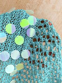 Soleia Women's Teal Sequin Summer Boho Beach Vacation Holiday Sequin Fringe Hem Halter Knit Top And Knitted Mini Skirt Set,Elegant Party Outfits For Women - Mint Green - View 7