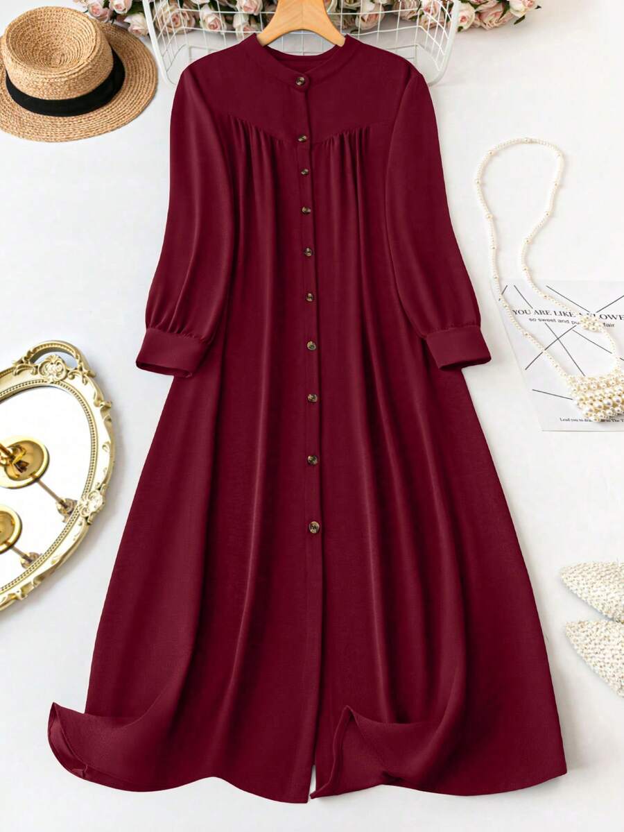 EMERY ROSE Plus Size Solid Color Front Buttoned Long Sleeve Dress, For Christmas Maxi Women Outfit Fall - Burgundy - View 1