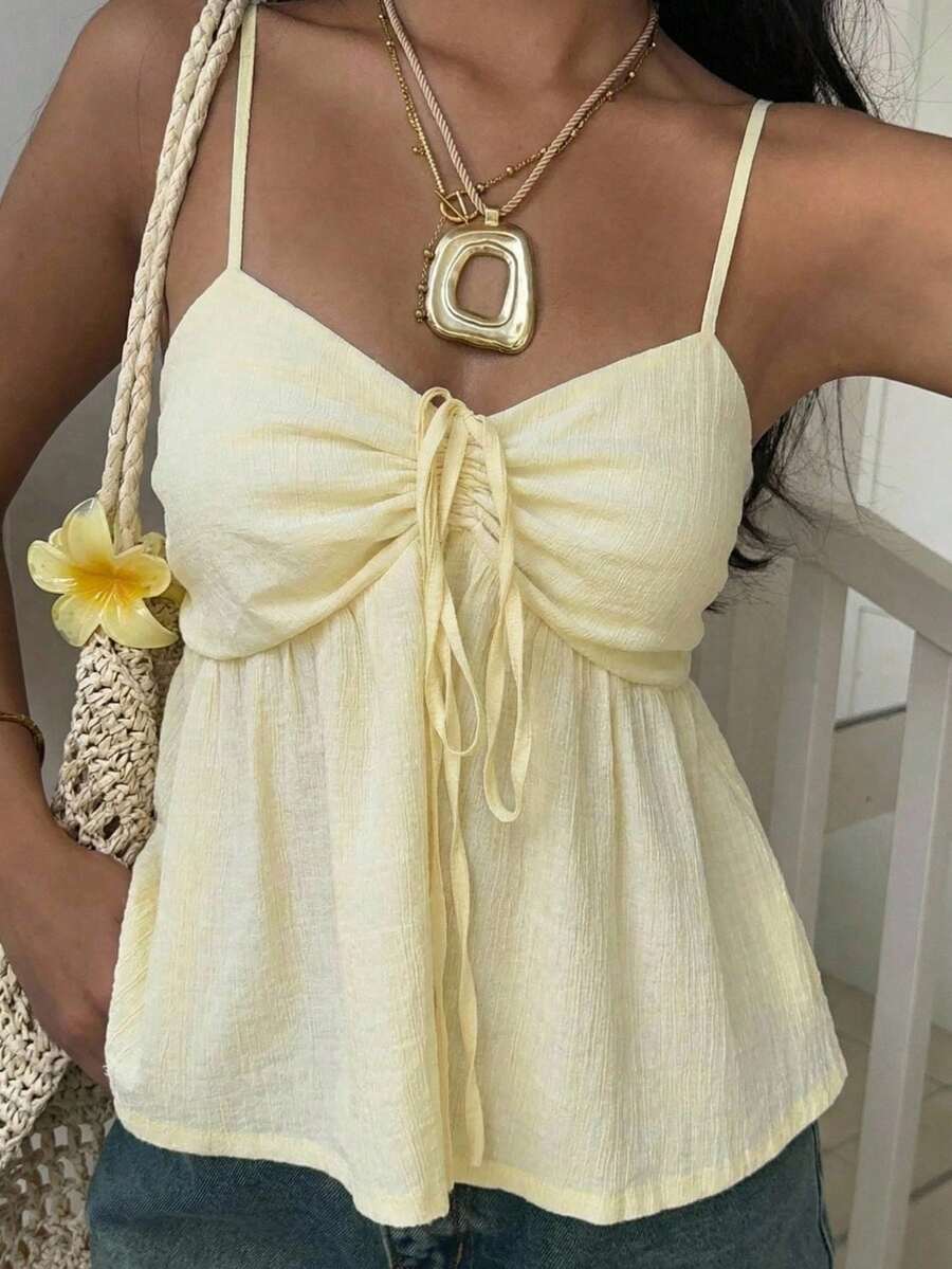 SHEIN EZwear 夏季女士休闲杏色梭织吊带背心 - 杏色 - 查看 1