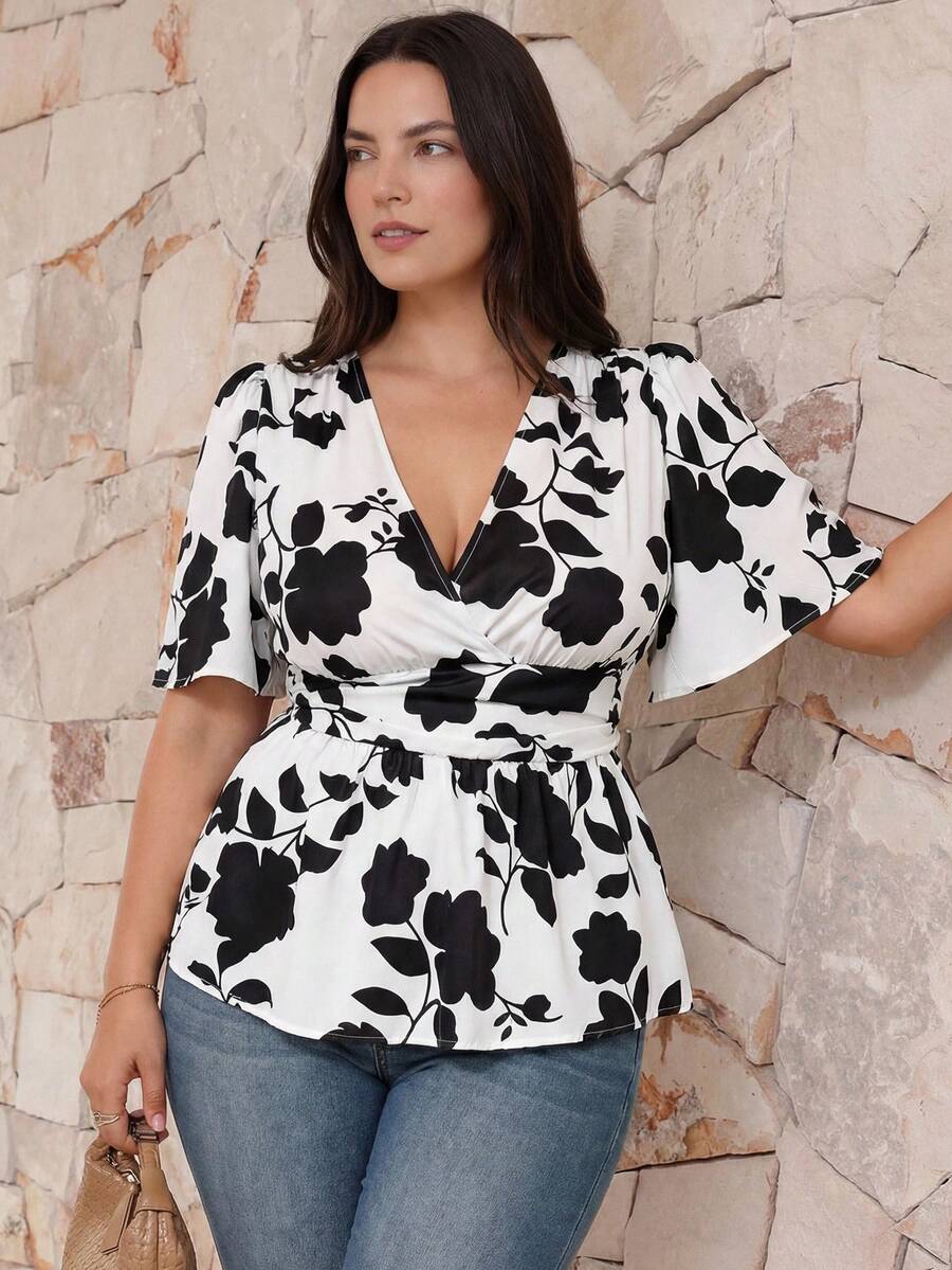 Juhart Áo sơ mi ngắn tay cỡ lớn dành cho nữ, thiết kế xếp ly eo thời trang, họa tiết hoa phổ biến, tay phồng với bo chun ở cổ tay, phù hợp cho kỳ nghỉ biển, đi làm văn phòng và những buổi đi chơi thường ngày. - Nhiều màu - Xem 1