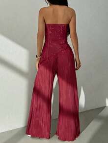 SHEIN PETITE Conjunto de 2 piezas de top bandeau y pantalones con estampado minimalista para mujer - Burdeos - Ver 5