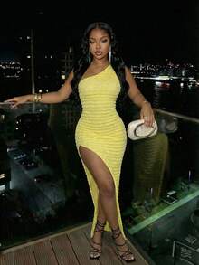 Slaydiva 早春新款、春夏音乐节、情人节、复活节、波西米亚风、游牧风、休闲、简约基础款、邮轮派对、生日派对、日常约会、休闲度假、优雅通勤、单肩、露肩、侧开衩、修身长裙、浅黄色连衣裙、女士长裙 -A - 淡黃色 - 查看 11