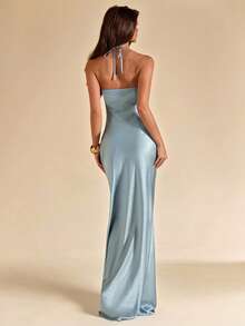 SHEIN BAE Elegant Light Blue Summer Satin Gown Halter Backless Floral Decor Fitted Maxi Mermaid Dress For Dining,Party,Cocktail,Formal Occasion,Bridesmaid - Blue - View 2