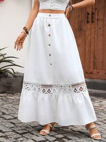 Breezaya Falda midi con botones, volantes y ribete de encaje en estilo patchwork para mujer - Blanco - Ver 4