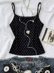 少女甜美可爱波点吊带背心，休闲家居服 - 黑與白 - 查看 1