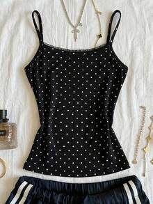 少女甜美可爱波点吊带背心，休闲家居服 - 黑與白 - 查看 3
