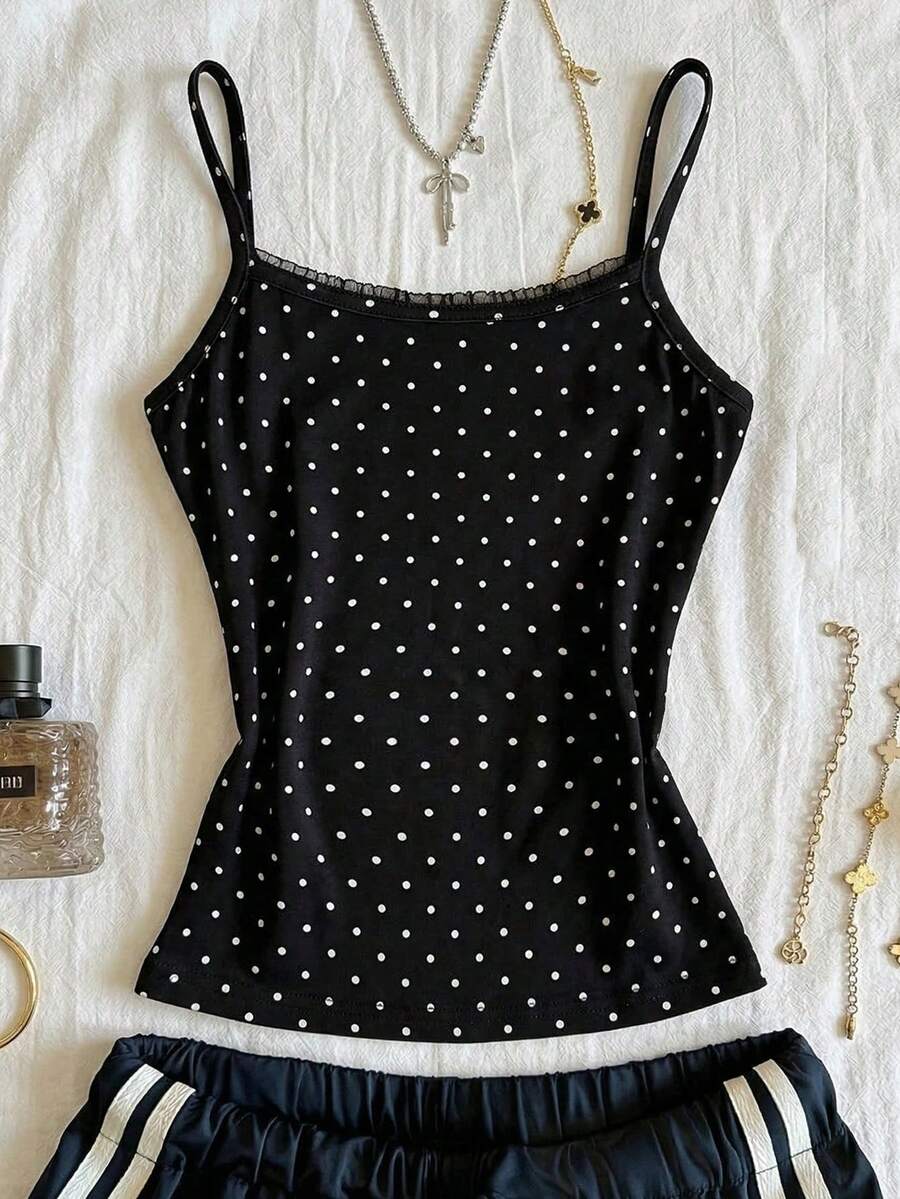 少女甜美可爱波点吊带背心，休闲家居服 - 黑與白 - 查看 1
