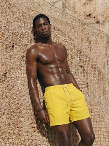 ZELFYO 男士素色腰部抽繩泳褲 - 黃色 - 查看 5