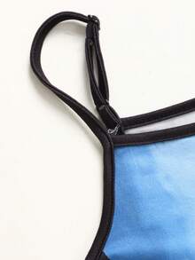 SHEIN Tween Girls' Casual Vacation Blue & Black Tropical Floral Print Sleeveless Dress, Spaghetti Strap Dress, Beach Vacation, Tropical Vacation - Blue - View 5