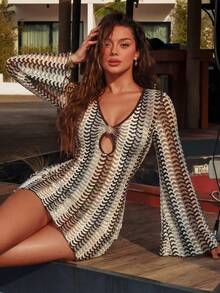 SHEIN Swim ملابس علوية نسائية شفافة مزينة بقطعة معدنية أمامية، قماش شبكي نسيج مثير، مناسبة للربيع والصيف - متعدد الألوان - مشاهدة 6