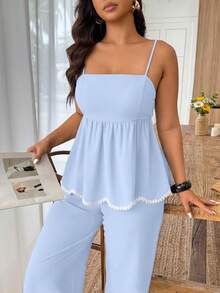 Weeklong 大码女式两件套波浪心形丝带撞色仿亚麻腰部休闲通勤套装，春夏款 - 淺藍色 - 查看 3