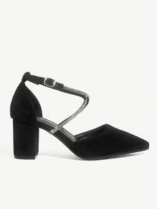 SHEIN X Lucía Bellido CUCCOO CHICEST Woman Shoes Fashion Rhinestone Decor Point Toe Faux Suede Chunky Heeled Glamorous Black Ankle Strap Pumps For Summer Graduation Heels Prom Heels Vacation Shoes Summer Elegant Heels Spring Shoes Spring Break Easter For Christmas Elegant Shoes Wedding Shoes Spring Shoes Bride Shoes - Black - View 4