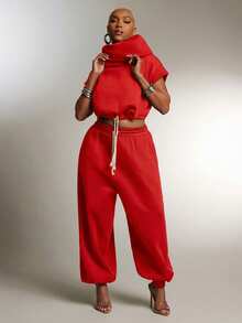 Denimoi 高领连帽多功能毛圈布卫衣上衣 时尚街头风连帽衫 - 紅色 - 查看 2