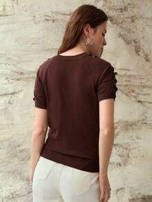 MOTF PREMIUM VERSATILE SEQUIN EMBELLISHED SHORT SLEEVE KNIT PULLOVER - Coffee Brown - View 3