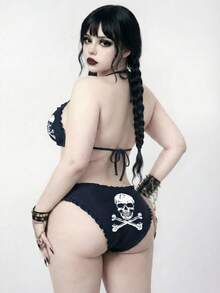 ROMWE Goth Bộ bikini hai mảnh dành cho nữ, bộ bikini in họa tiết gợi cảm cho kỳ nghỉ hè. - màu đen - Xem 2