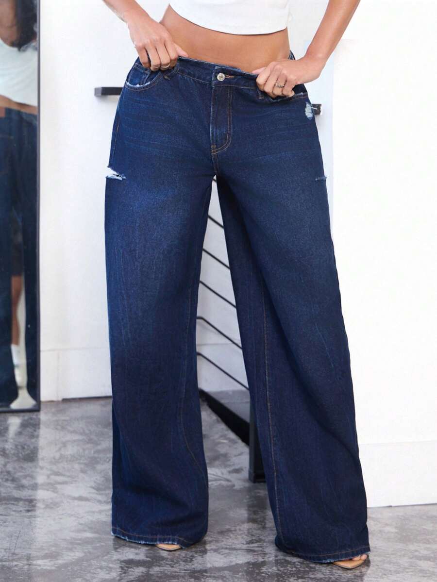 Denimoi 阔腿极简做旧牛仔裤 阔腿牛仔裤 男友风牛仔裤 时尚街头服饰 - 深色水洗藍 - 查看 1