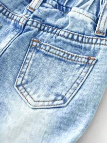 SHEIN Baby Boy Denim Shorts,Distressed Ripped Vintage Washed Light Blue,Summer Casual City Break Style,Elastic Waist With Single Button,Street Fashion Fit - Blue - View 6
