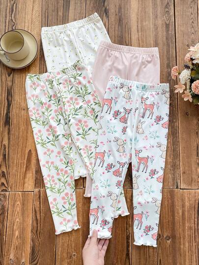 Souflis Souflis 4pcs/Set Girls' Ditsy Floral Sweet & Cute Versatile Soft & Comfortable Ribbed Knit Leggings, Apricot & Muted Tone, Spring/Summer
