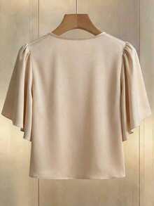 Franclia 优雅高端珍珠装饰圆领荷叶边短袖杏色女式衬衫 - 杏色 - 查看 2