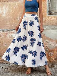 Solivie Damen Lässig Boho-Stil bedruckter Maxirock, geeignet für Urlaub und Alltag - Blau - Übersicht 6