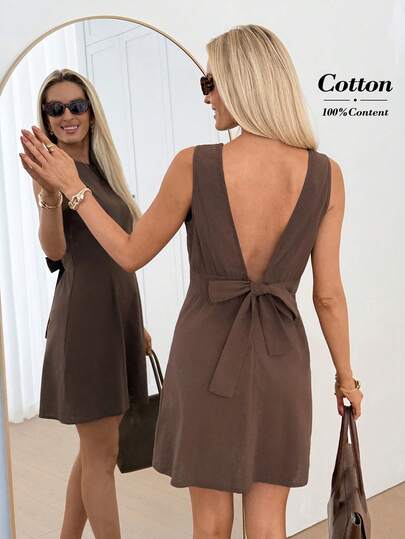 Easowa Women's Solid Color Backless Casual Sleeveless Dress