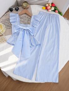 Emery Rose Kids Emery Rose Kids 2件組 青少年女孩藍白條紋荷葉邊襯衫與長褲套裝，可愛夏季度假穿搭，休閒兩件式套裝 - 杏色 - 查看 7