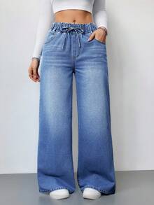 SHEIN Tall 女款休閒高腰寬腿牛仔長褲 藍色，適合高個女性 - 中等水洗藍 - 查看 7