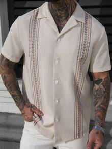 VENTUSAIL Top d'été bohème beige pour hommes avec imprimé de vacances, chemise à rayures en tissu tissé avec boutons, confortable, décontracté, formel, pour le bureau et les vacances - Multicolore - Voir 6