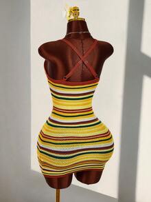 Amplova 女士条纹修身时尚针织吊带连衣裙 - 彩色 - 查看 2