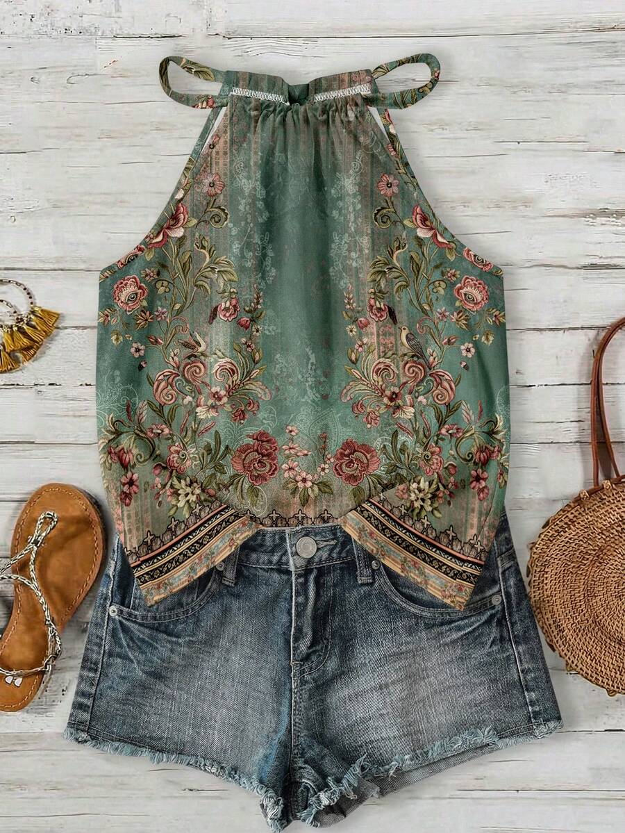 SHEIN LUNE Áo tank top cổ yếm dáng suông thoải mái dành cho nữ, họa tiết hoa cổ điển, thích hợp cho mùa xuân và mùa hè. - Nhiều màu - Xem 1