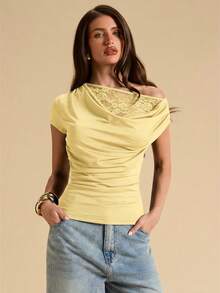 SHEIN BAE Women's Asymmetric Lace Patchwork Sheer Fitted Top, Sexy Lace Summer Top - Yellow - View 5