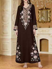 SHEIN Najma Gaun Maxi Arab Elegan Lengan Panjang Leher V Biru Motif Sulur Warna-warni Cetak Digital untuk Wanita, Musim Semi/Gugur - MultiWarna - View 5
