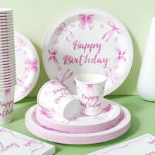 蝴蝶结生日一次性餐盘、餐巾纸和杯子，派对用品套装，可供 24 人使用，一次性纸质派对餐具，适用于生日、婚礼、主题派对和家庭野餐。 - 查看 3