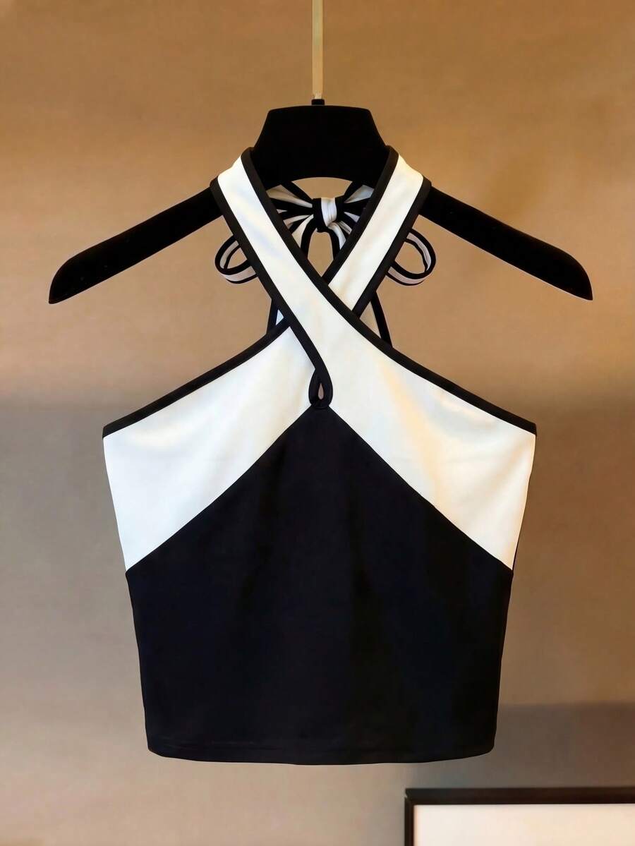 Franclia 女士夏季时尚黑白撞色交叉露背系带修身露脐上衣，性感露背无袖背心，适合通勤和日常穿着 - 黑與白 - 查看 1