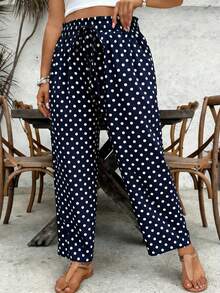 SHEIN VCAY Plus Size Casual Polka Dot Print Pants - Navy Blue - View 6