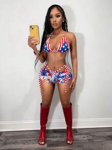 BamGleam Summer Sexy American Style Printed Backless Halter Crop Top And Mini Shorts 2 Pieces Set - Multicolor - View 3