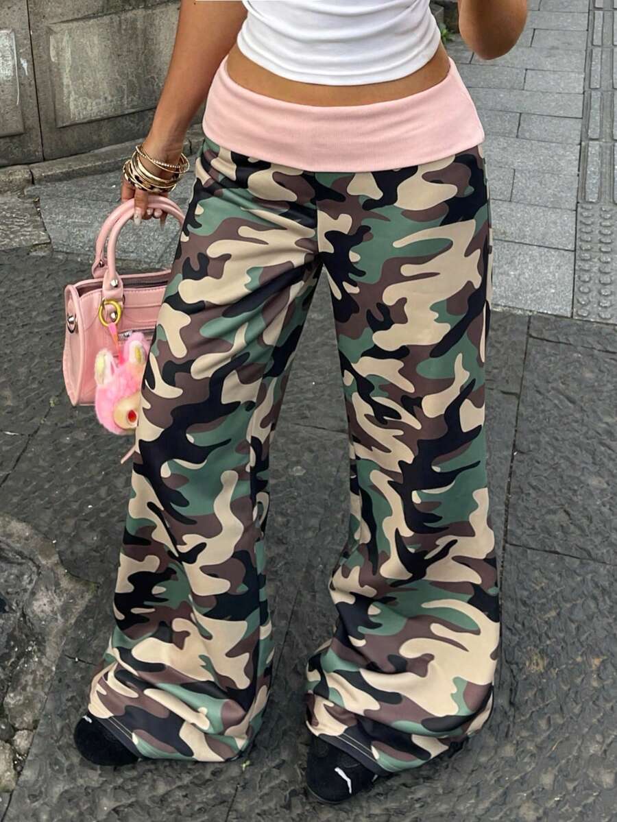 Coolane Women's Summer Rave Outfit Streetwear Y2k Casual  Music Festival Graphics Camouflage Print Pink Contrast Waistband Low Rise Flare Pants Camo Flare Pants - Multicolor - View 1