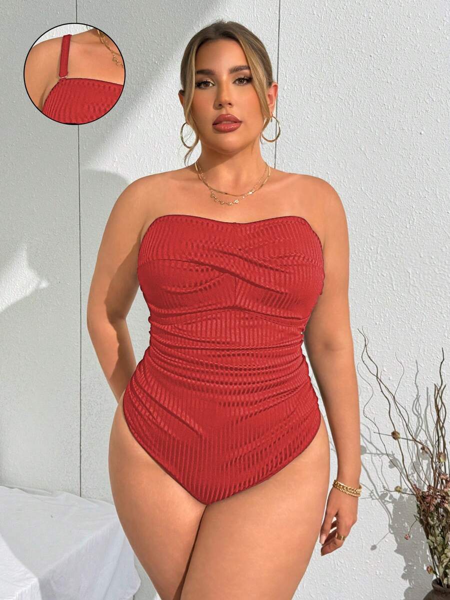 SHEIN Swim Curve Einteiliger Casual Badeanzug für Damen in Große Größen mit Spaghettiträgern Einfarbig - Rot - Übersicht 1