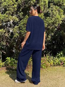 SHEIN EZwear 海军蓝休闲宽松两件套 - 大码女装上衣和裤子 - 藏蓝色 - 查看 2
